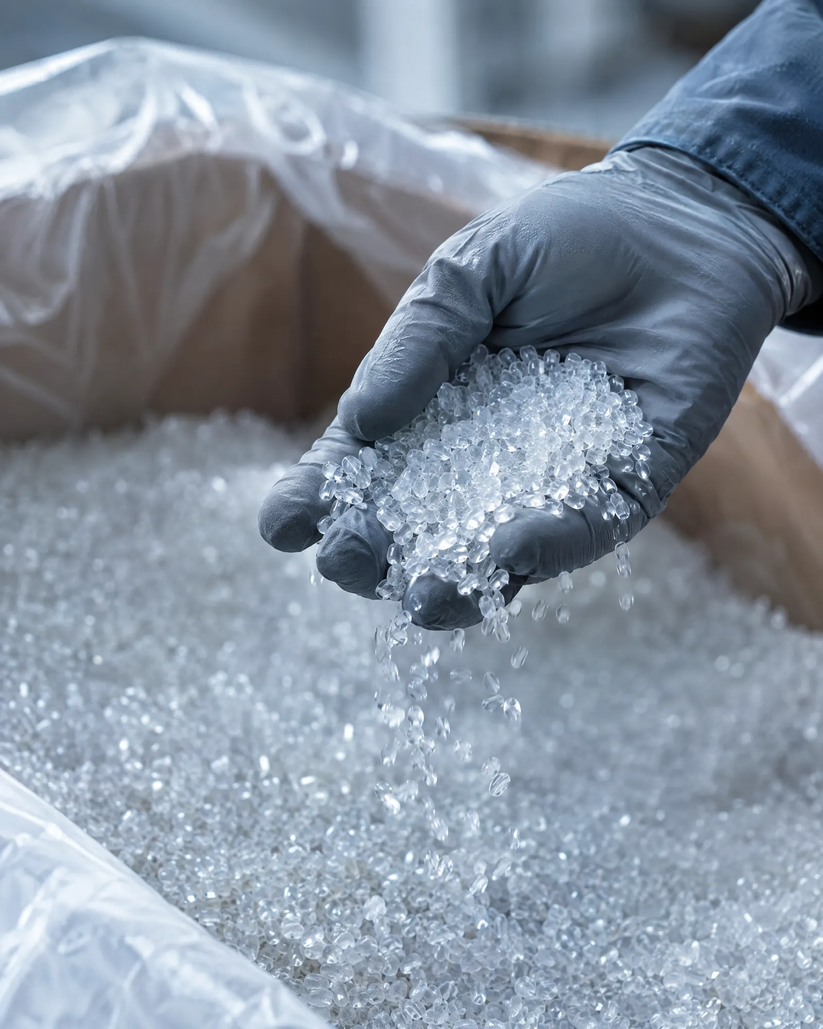A gloved hand scooping clear plastic pellets from a lined gaylord box