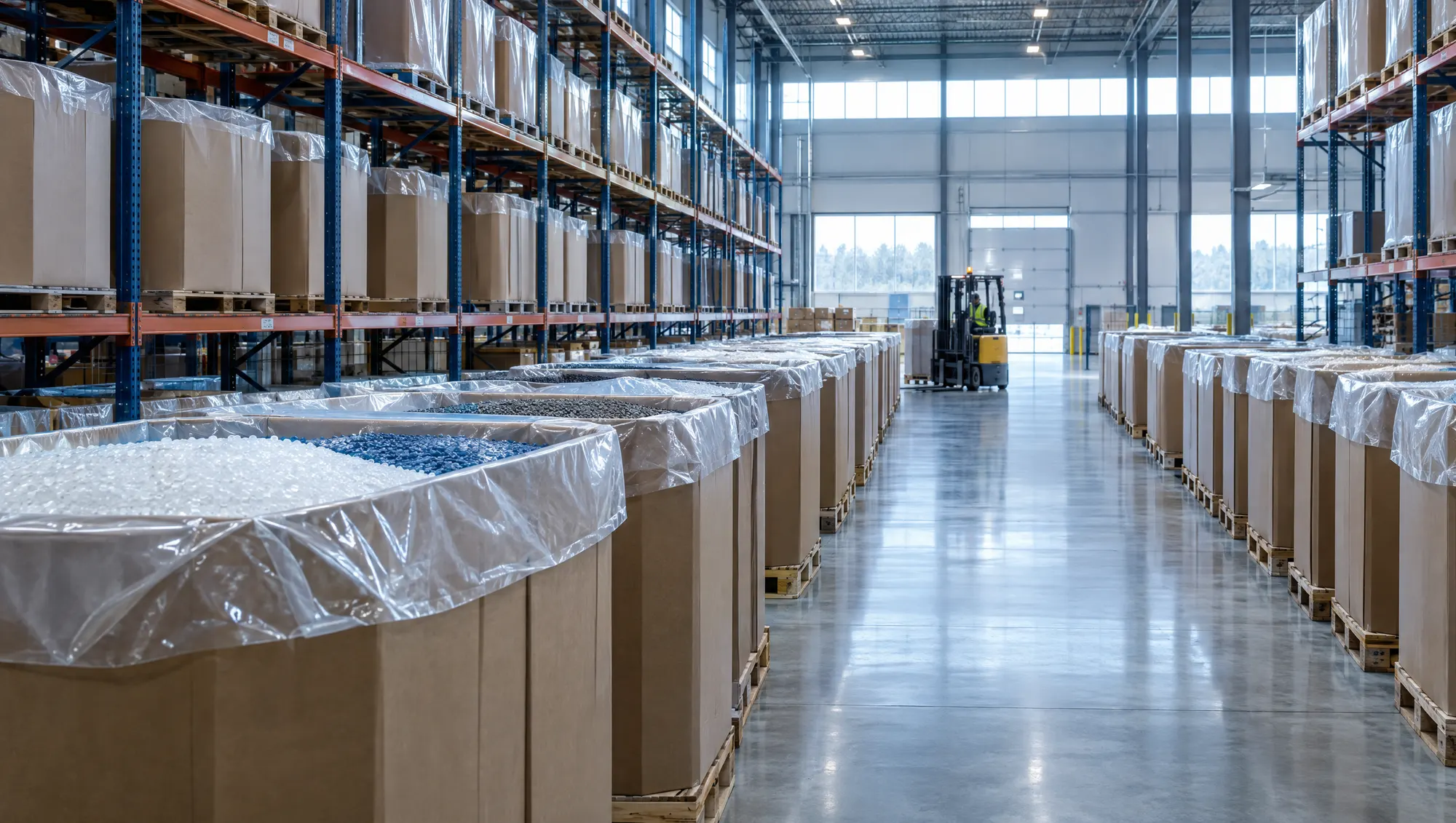 Rows of gaylord boxes filled with plastic pellets in a warehouse